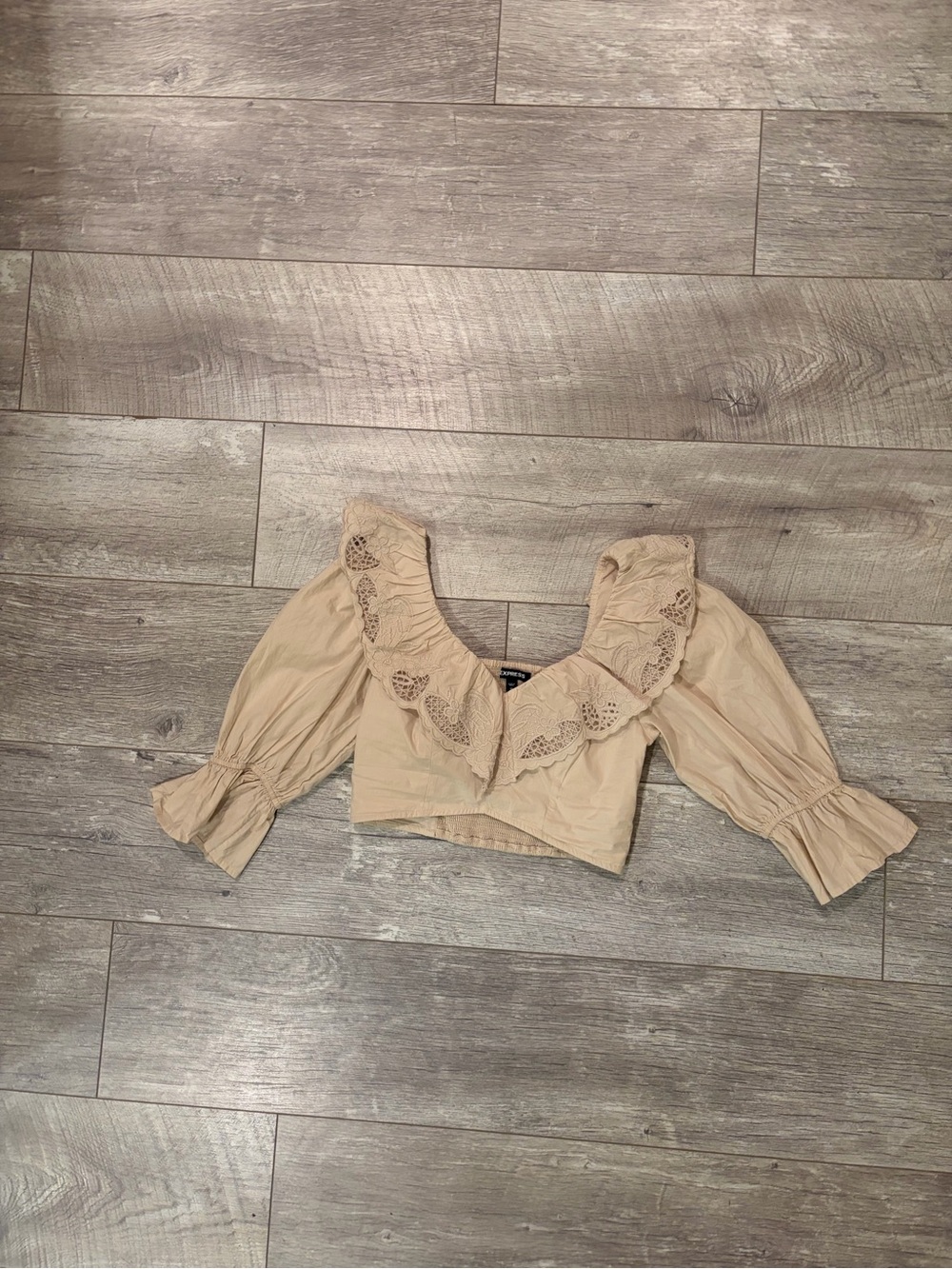 Express Beige Lace-Trim Cropped Puff Sleeve Blouse